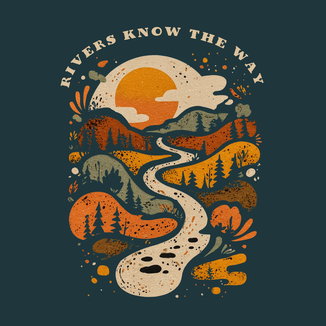 Grafika Rivers Know the Way przedstawiająca wijącą się rzekę, góry, las i słońce w stylu outdoor, ilustracja Wild Fish Stories 